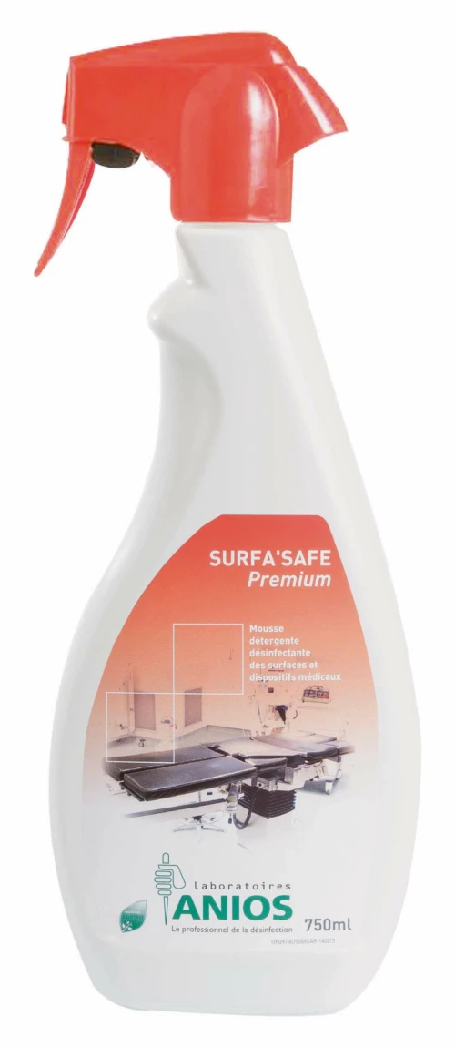 Pulvérisateur Détergent désinfectant surfa'safe Premium ANIOS Pulvérisateur Détergent et désinfectant surfa'safe Premium ANIOS : Pulvérisateur de 750 ml Le pulvérisateur désinfectant surfa'safe Premium ANIOS est destiné au nettoyage et à la désinfection des surfaces et dispositifs médicaux non immergeables (sondes échographiques, câbles et connectiques, sondes de rééducation, capteurs de pression, testeurs de glycémie, thermomètres…) Compatible avec les surfaces pouvant être en contact avec les denrées alimentaires (plan de travail, table de cuisine, réfrigérateur) Pas cher rouge