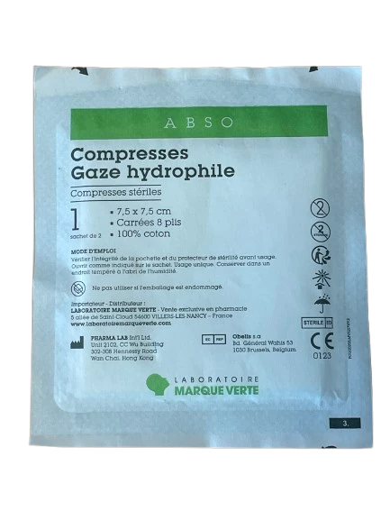 Compresses Gaze hydrophile stériles 7,5 cm x 7,5 cm ABSO - carrées 8 plis 100% coton issu de l'économie circulaire pas cher