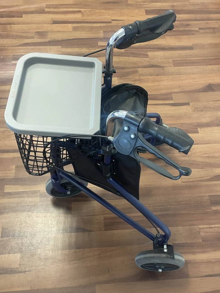 Rollator / Déambulateur bleu au meilleur prix : pliant 3 roues avec panier et plateau