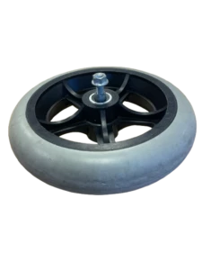 Roue avant de rechange 8 x 2 pouces (200 x 45 mm) avec axe et bandage (L60 mm) pour fauteuil roulant Invacare Esprit et Action, compatible avec modèles électriques et manuels. Robuste et fiable, elle assure une excellente maniabilité et durabilité. Produit issu de l'économie circulaire.