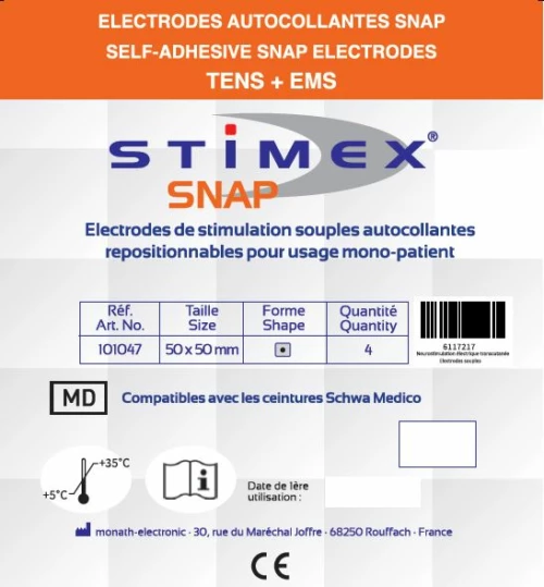 Electrodes de stimulation autocollantes souples 50 x 50 mm - Stimex - SCHAW MEDICO - compatible avec les ceinture de maintien lombaire SNAP